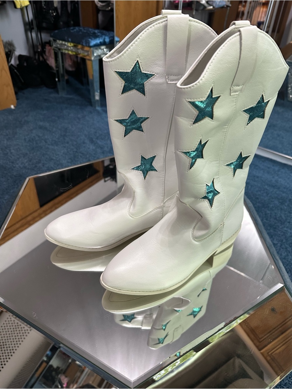 White Cowboy Boots with Teal Star Insets